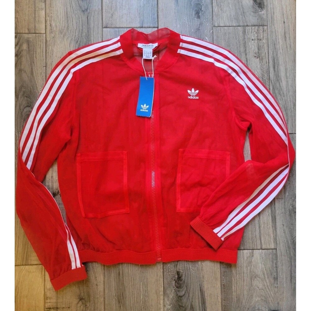 Adidas’s Women Red & White Track Zipper Lightweight Top Jacket Activewear Small